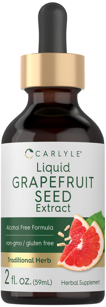 A 2 fl. oz. (59mL) dropper bottle of liquid grapefruit seed extract, shown for scale against a hand.