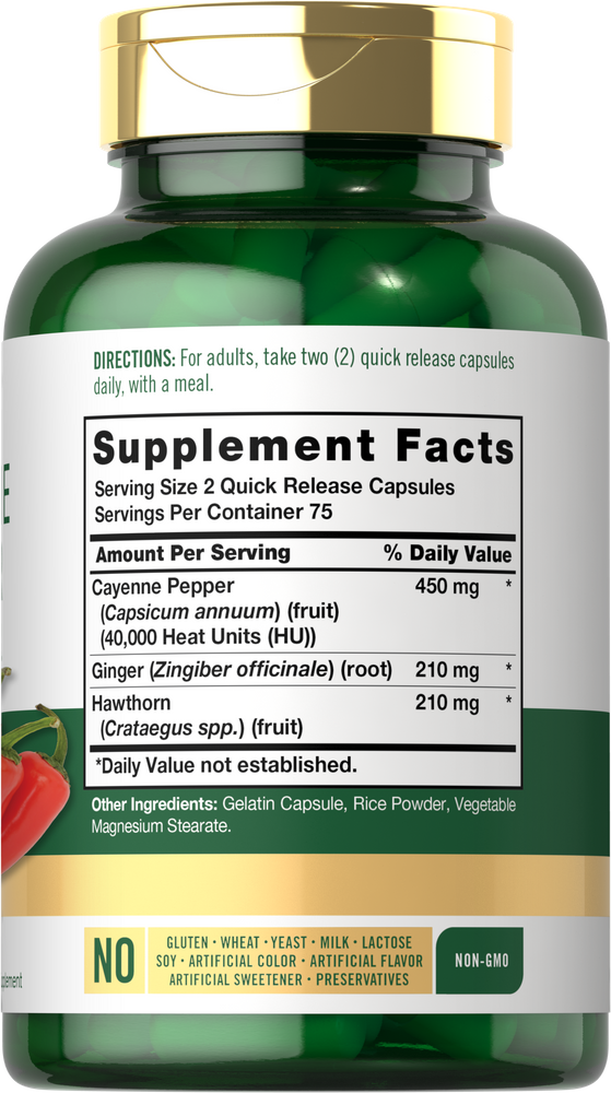 Scale image showing 150 quick-release capsules of Cayenne Pepper with 40,000 HU potency.