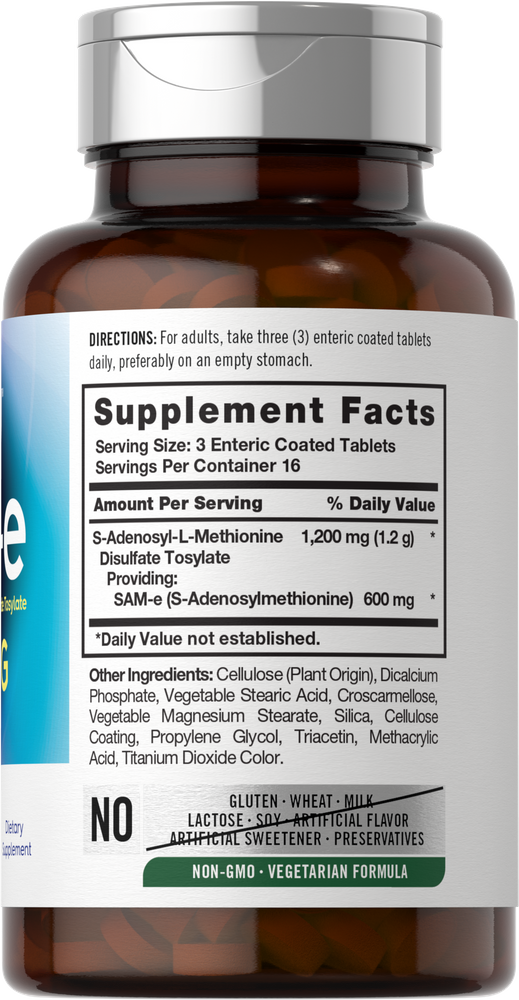 Three enteric coated tablets, containing 1200 mg (1.2 g) S-Adenosyl-L-Methionine Disulfate Tosylate and 600 mg SAM-e.