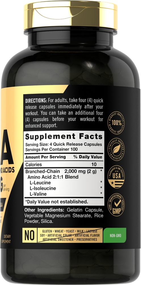 Bottle containing 400 capsules with a 2000 mg BCAA 2:1:1 Blend per serving, quick release formula.