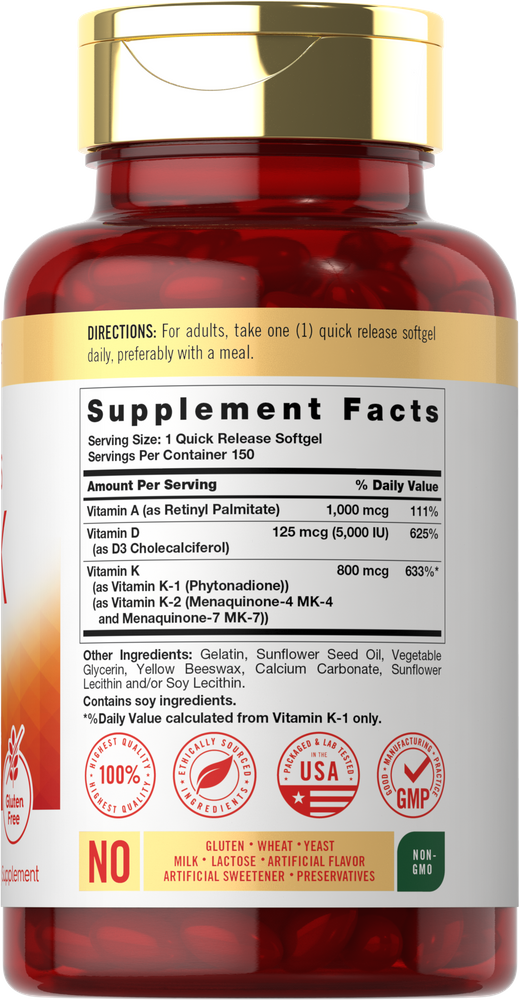 Supplement Facts panel for Carlyle ADK 150 Softgels.
