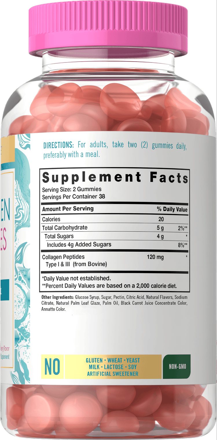 Collagen 1 & 3 gummies, 120 mg per 2-gummy serving, shown in a clear bottle with a pink cap.