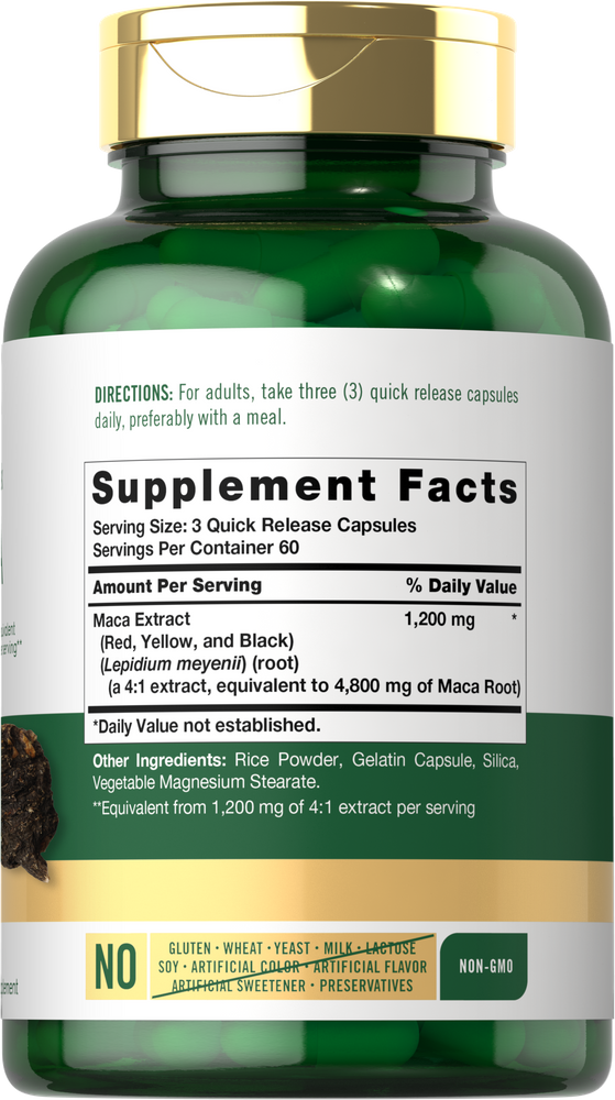 Carlyle Maca 4800mg, 180 quick-release capsules next to a hand for size comparison.