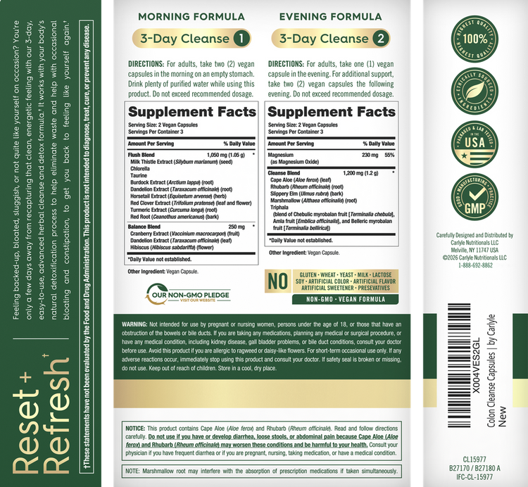 Hand holding Colon Cleanse 3 Days 12 Veg Capsules bottle labeled Reset + Refresh.