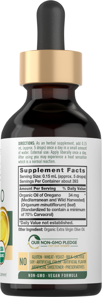 A 2 fl oz liquid dropper bottle labeled Oil of Oregano.