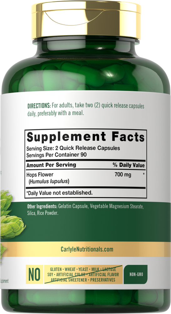 A hand holding green quick release capsules, each containing 700 mg of Hops Flower.