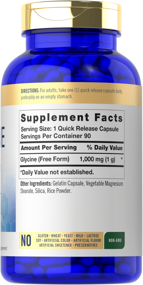 Hand holding a blue bottle of Glycine (Free Form) 1,000 mg (1 g) quick release capsules.