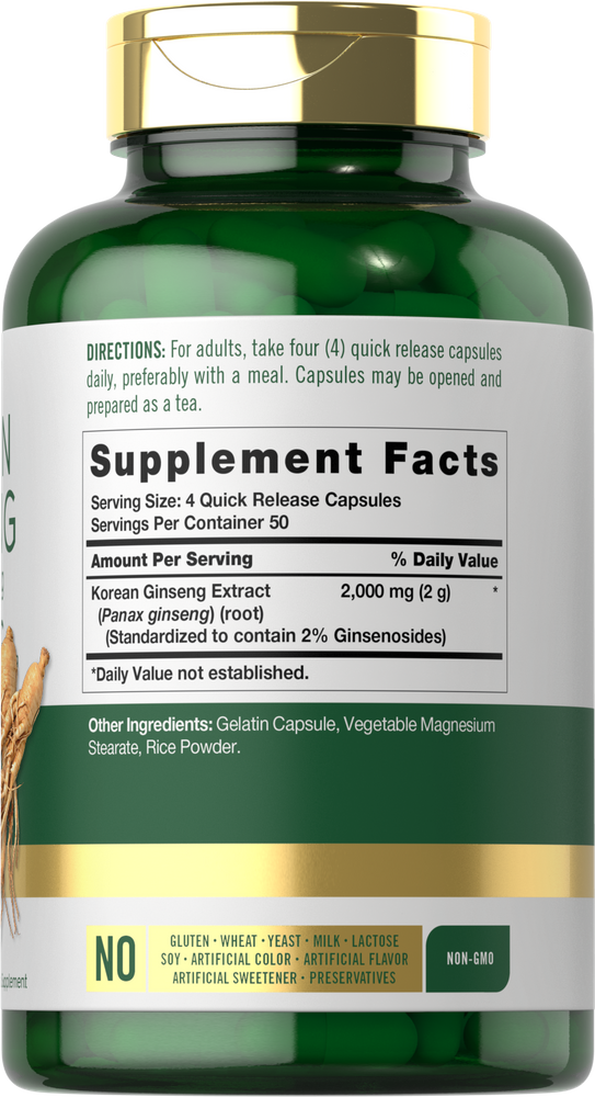 Green capsules with 2,000 mg Korean Ginseng Extract per serving of 4 capsules, shown on a scale.