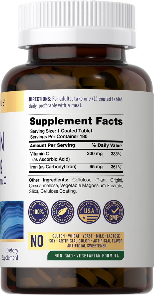 Coated tablets containing 300 mg of Vitamin C and 65 mg of Iron each.