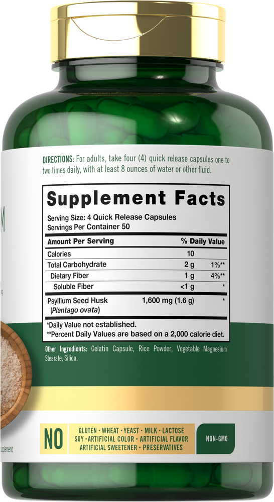 Hand holding Psyllium Husk Quick Release Capsules, 1600 mg per serving, bulk scale.