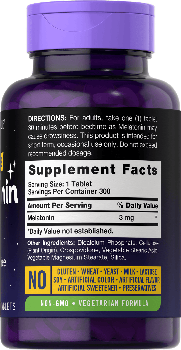 A bottle containing 300 tablets of 3 mg melatonin.