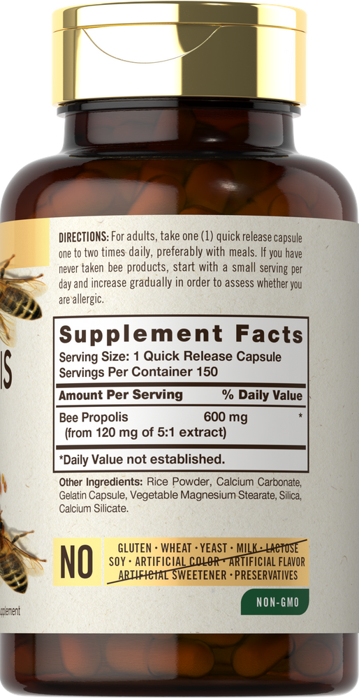 A bottle of Carlyle Bee Propolis 150 Quick Release Capsules shown on a scale.