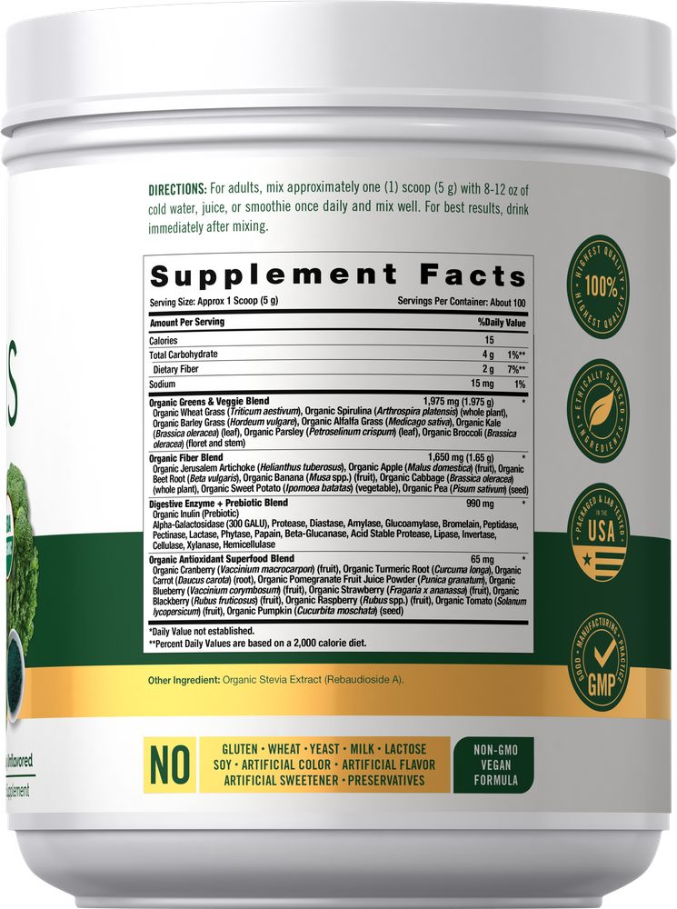 Hand holding a bulk scale of organic greens powder, 1.1 lbs, providing 100 servings for green nutrition and wellness.