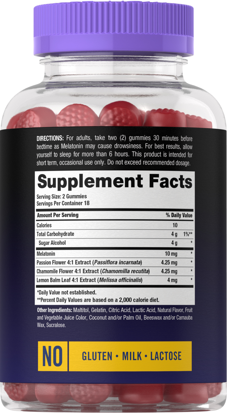 Supplement Facts for Carlyle Sleep Melatonin 10 mg, 36 Gummies.