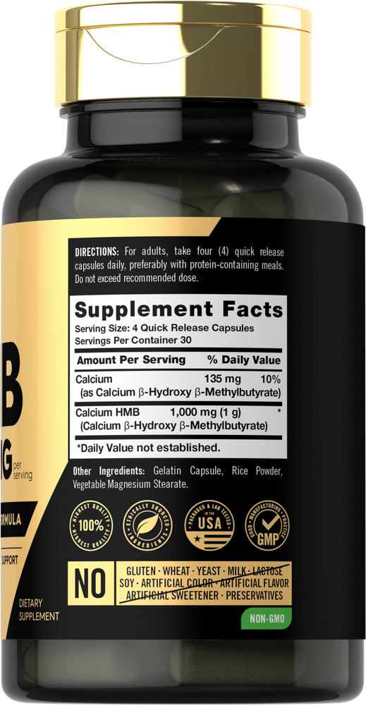 Hand holding HMB 1000 mg Quick Release Capsules, each containing 250 mg.