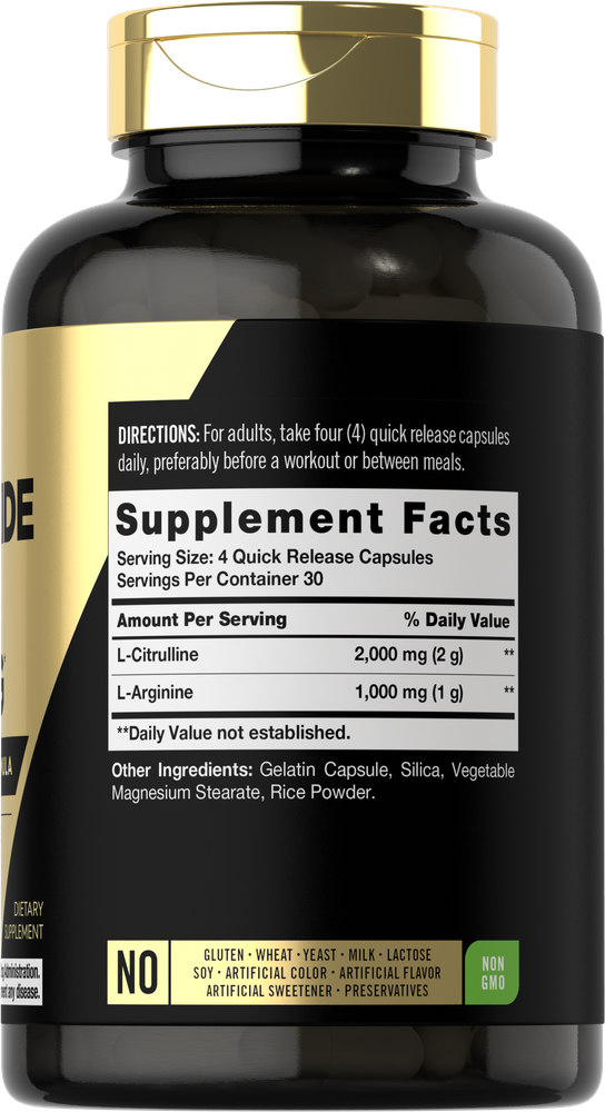 Capsules with 500 mg L-Citrulline and 250 mg L-Arginine each, shown on a hand scale.