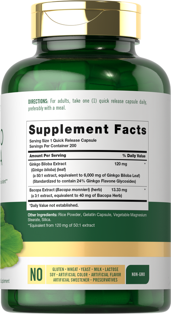 Image of Ginkgo Biloba 6000 mg, containing 200 capsules, with a hand for scale.