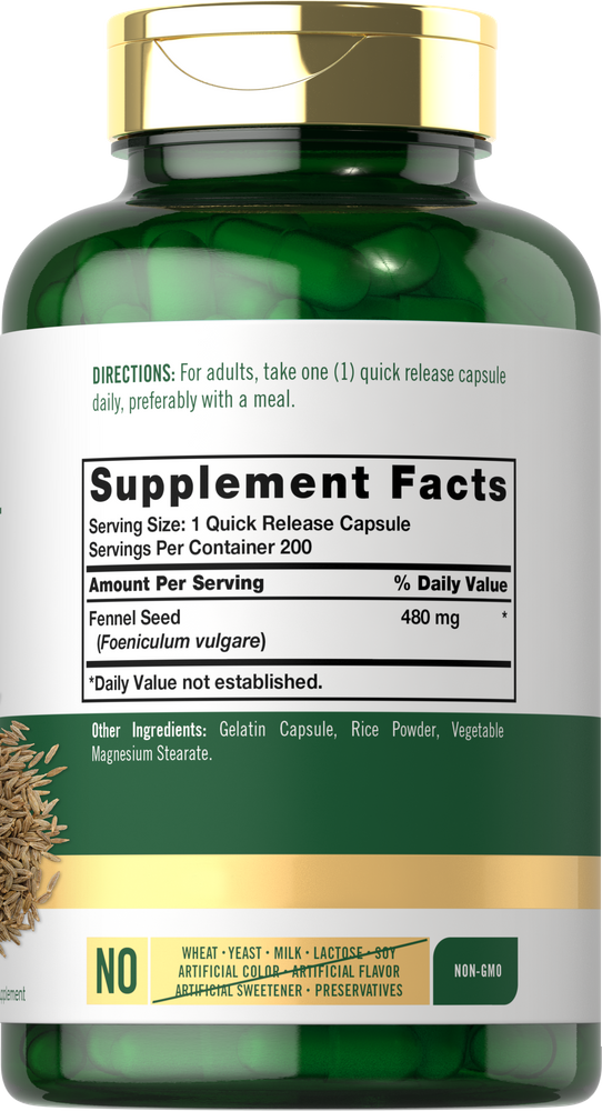 Green quick release capsules containing 480 mg of fennel seed.