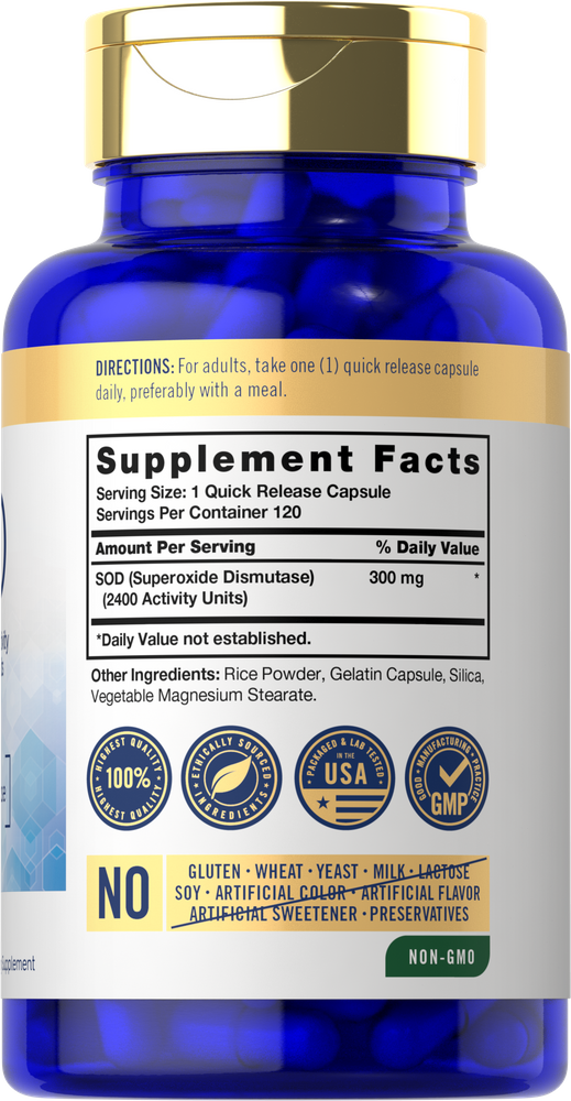 CL Carlyle SOD dietary supplement with 2400 units, 300 mg, and 120 capsules displayed on a hand scale.