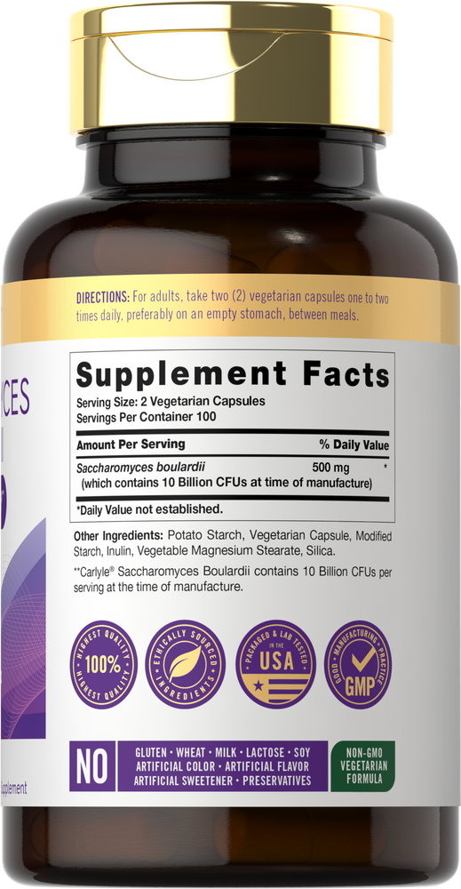 Image of a hand holding a bottle of Saccharomyces Boulardii, featuring 200 vegetarian capsules for digestive health support.
