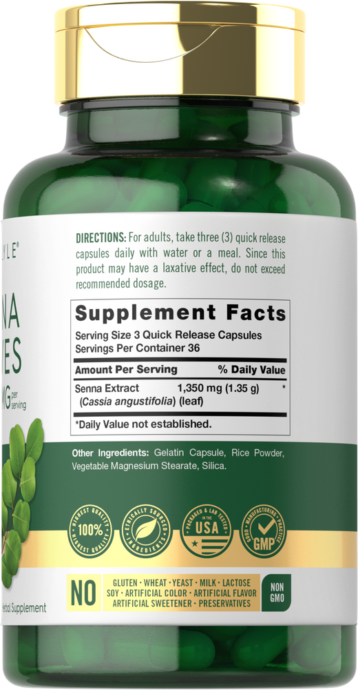 Quick Release Capsules with Senna Extract (Cassia angustifolia) leaf, 1,350 mg per 3-capsule serving, shown on a hand scale.