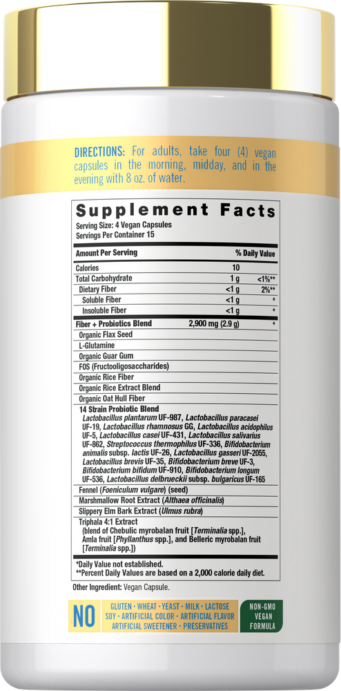 Supplement Facts panel for CL Fiber + Probiotics, detailing contents for a bottle of 60 capsules.
