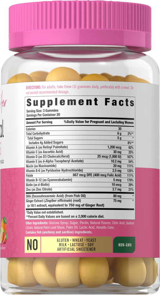 Supplement Facts panel for Carlyle for Her Prenatal with DHA, showing 60 gummies per container.