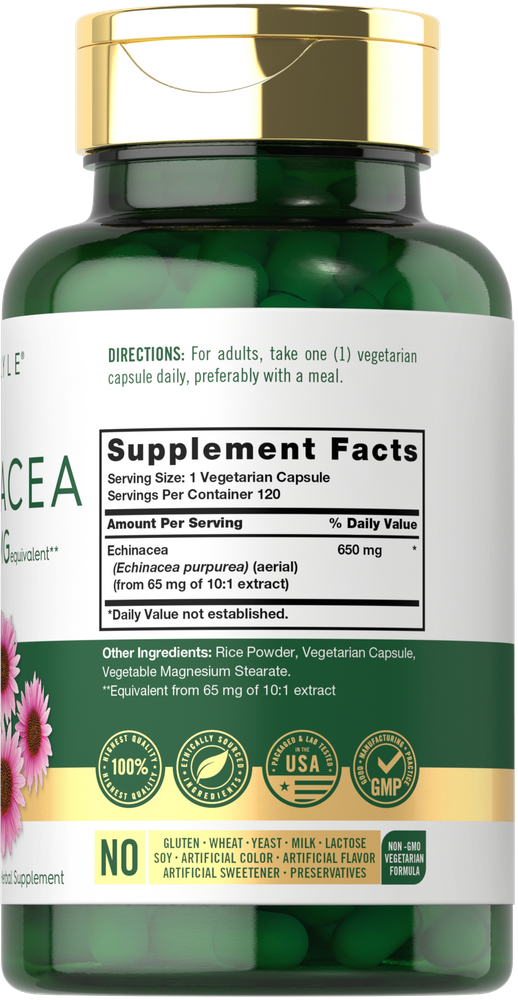 Carlyle Echinacea 650 mg vegetarian capsules bottle containing 120 servings.
