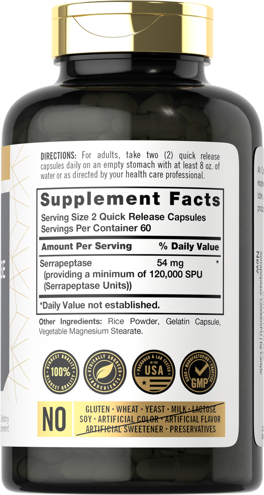 Quick release capsules with 27 mg Serrapeptase (60,000 SPU) each, shown on bulk scale in hand.