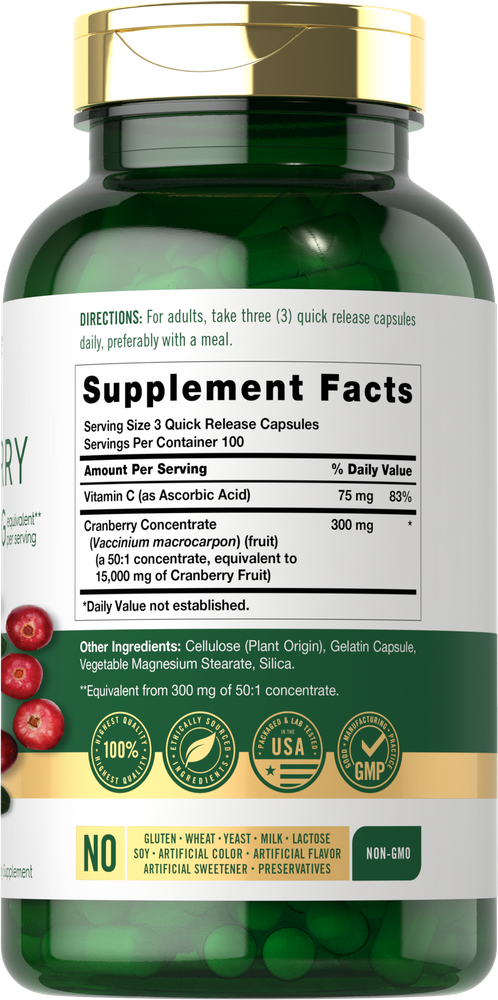Green quick release capsules of Carlyle Cranberry 5000 mg with Vitamin C, 300 count, displayed on a bulk scale.