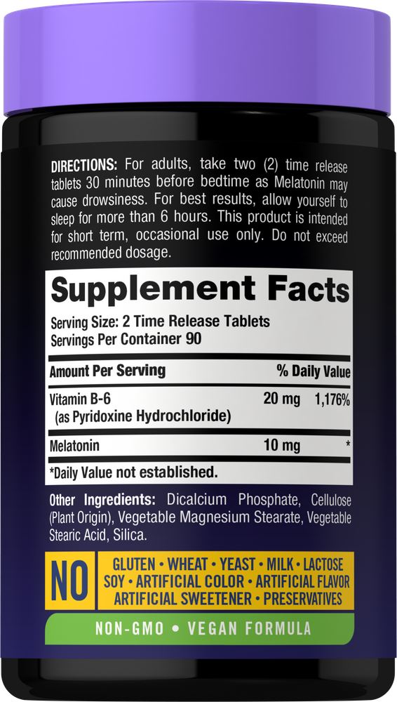 A bottle of Time Release Melatonin 10 mg tablets displayed on a hand scale, indicating product weight and capacity.