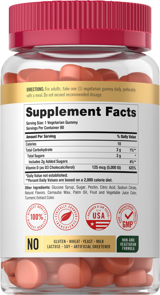 A jar containing 80 vegetarian gummies, each with 5000IU of Vitamin D. Held in hand to show size and scale of the package.