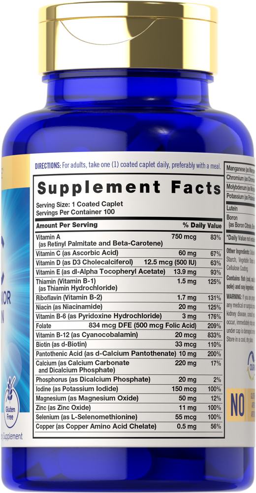 Supplement Facts panel for Carlyle ABC Advanced Senior Multivitamin featuring Lutein, 100 Tablets.