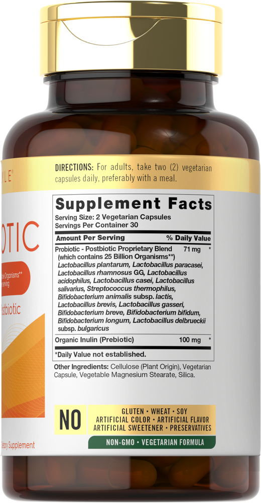 CLPrebiotic & Probiotic 25 bottle with 60 vegetarian capsules on a hand scale.