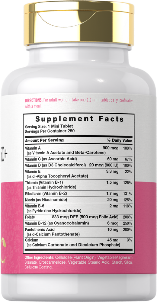 Carlyle Women's Multi 50 Plus bottle containing 250 mini tablets, shown on a hand scale.