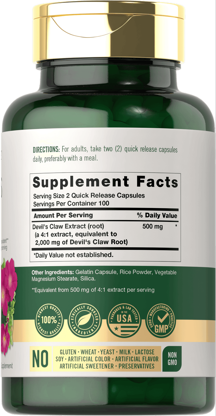 Bottle of Devils Claw 2000 mg containing 200 quick release capsules displayed on a bulk scale.