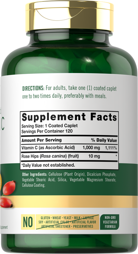 The image shows a bulk scale with 120 coated caplets of Carlyle C 1000mg Timed Release with Rose Hips.