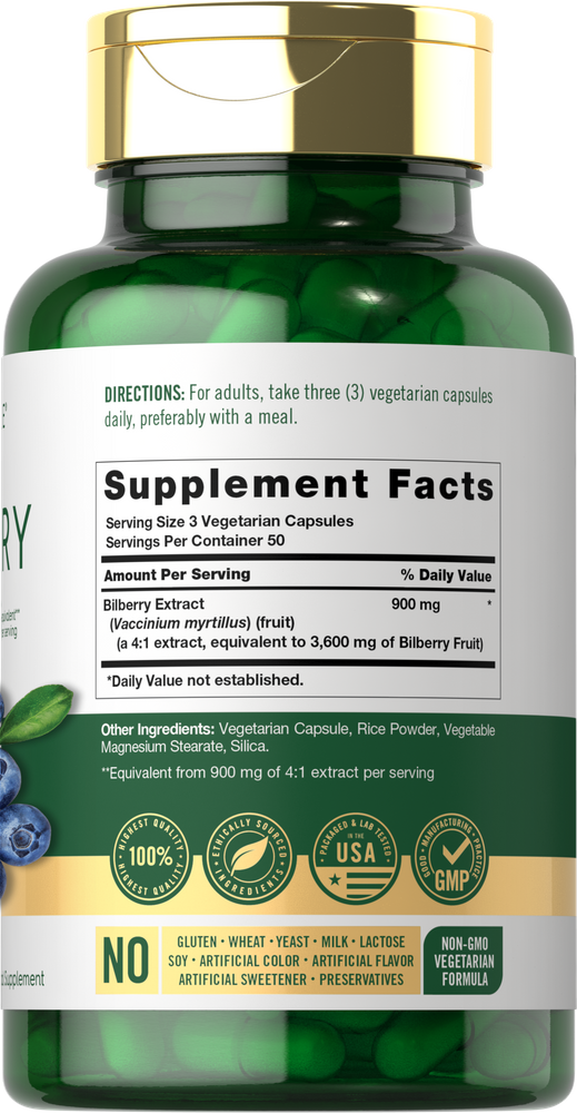 A green bottle containing 150 Bilberry 3600mg equivalent Vegetarian Capsules.