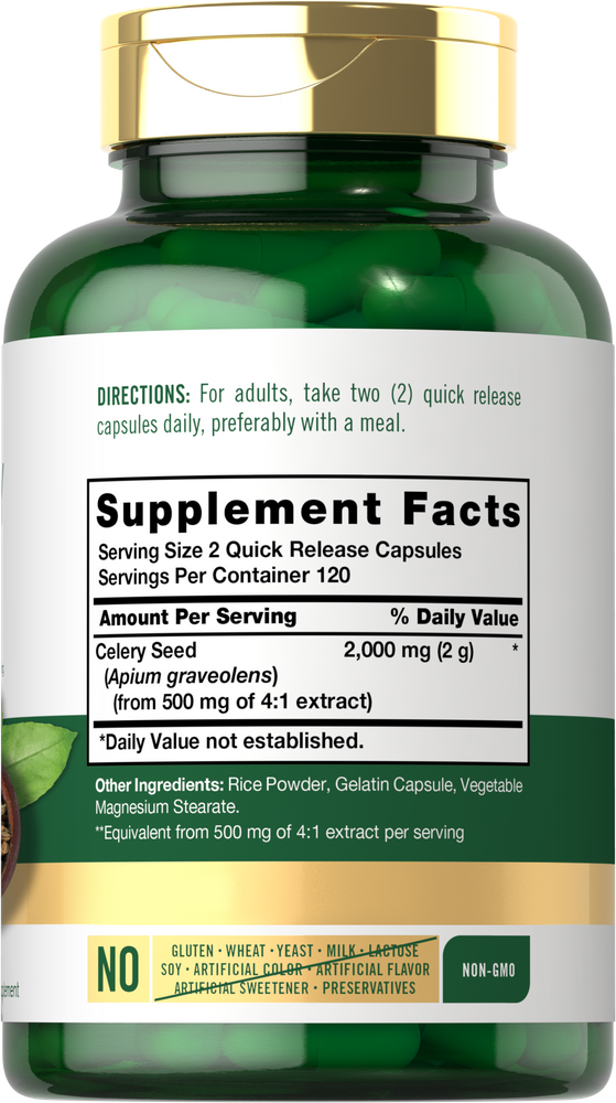 Hand holding Celery Seed 2000 mg (2g) Quick Release Capsules on a scale, showcasing the product's weight and size.