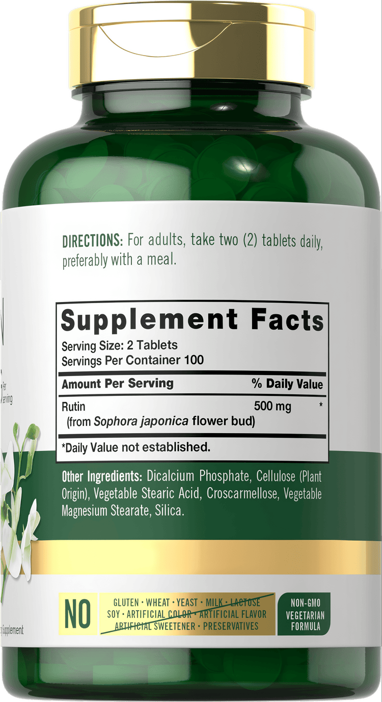 A green bottle with a gold cap containing 200 tablets of Carlyle Rutin 500 mg.