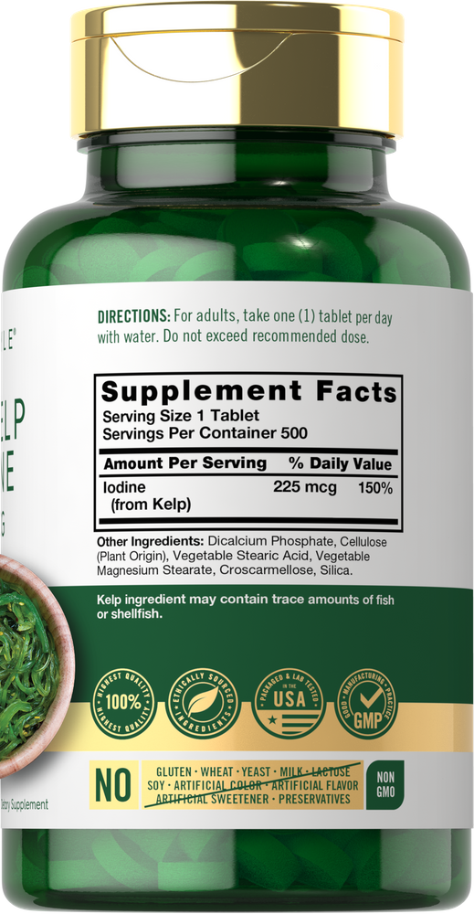 Carlyle Sea Kelp Iodine 225 mcg tablets, bottle held in hand, contains 300 tablets. Ideal for nutritional and dietary supplements.