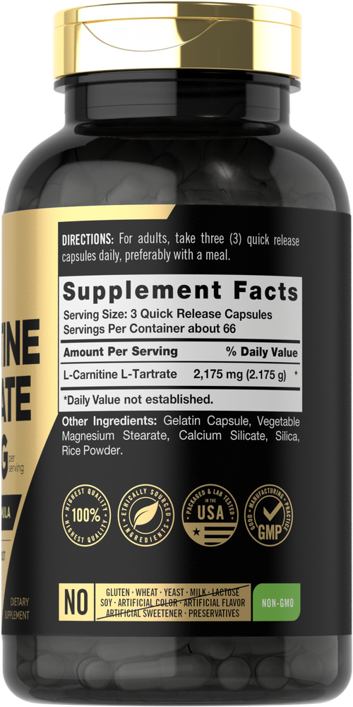 Carlyle L-Carnitine Quick Release Capsules, 2175 mg per 3-capsule serving, 200 count bottle shown on a scale.