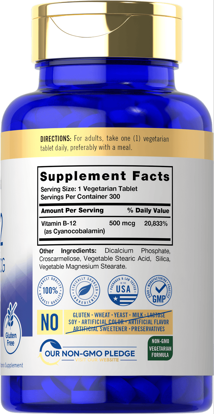 Carlyle Vitamin B-12 supplement: 500 mcg, 300 vegetarian tablets, shown with hand for scale in bulk container.