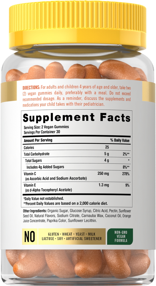 Clear bottle containing 60 orange Vitamin C gummy slices, each with 125 mg per gummy.