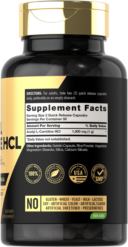 A hand holds a bottle labeled Acetyl L-Carnitine HCl 1,000 mg with Quick Release Capsules.