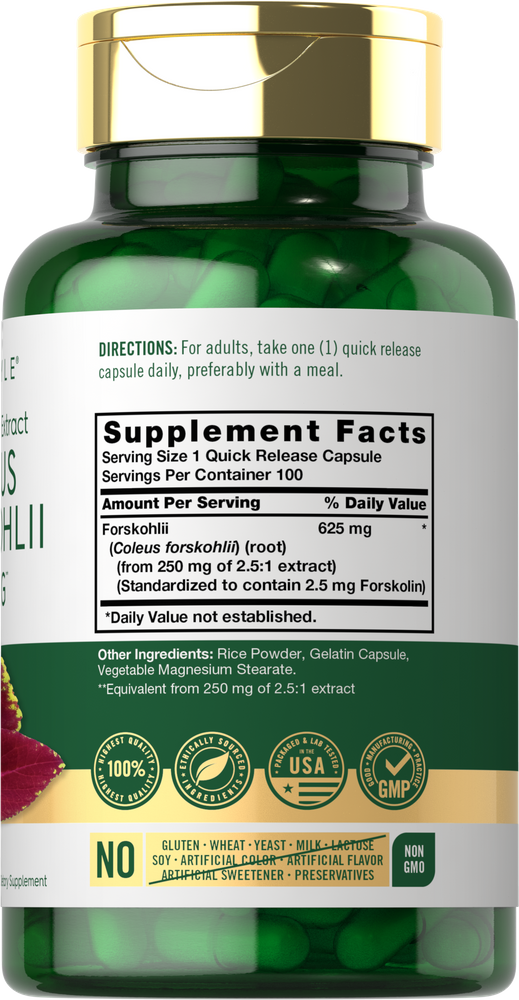 Green quick release capsules containing 625 mg Forskohlii extract shown in a bulk scale bottle.