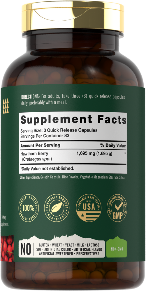 Bulk bottle of Hawthorn Berry 1,695 mg quick release capsules.