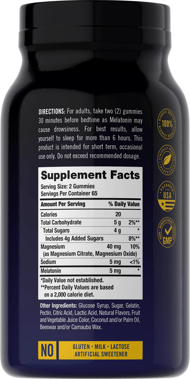 Supplement Facts panel for Carlyle Melatonin 5mg 130ct Gummies, providing dosage and nutritional information.