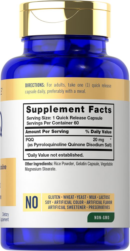 Carlyle PQQ 20 mg Quick Release Capsules, 60 count, displayed on a scale held by a hand. Ideal for health and wellness.