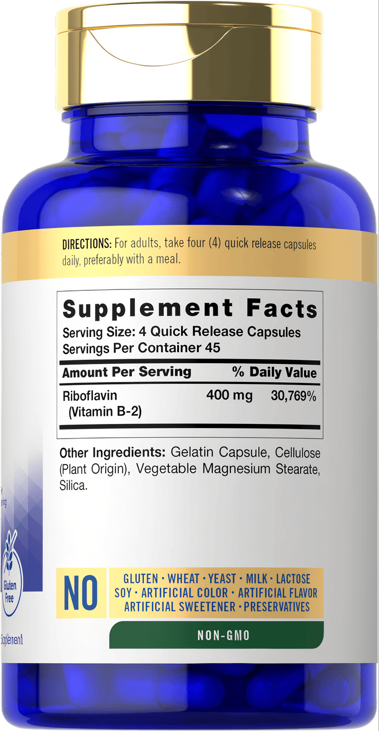 Bottle with blue quick release capsules, offering 400 mg Riboflavin (Vitamin B-2) per 4 capsules.
